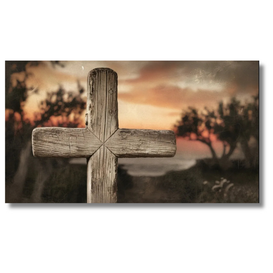 Houten kruis bij zonsondergang - Canvaskunst met vredig landschap