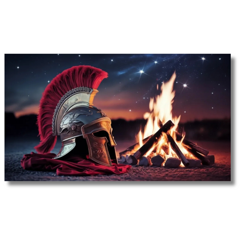 Romeinse Helm bij Kampvuur Canvas – Historische Nachtscène Wanddecoratie
