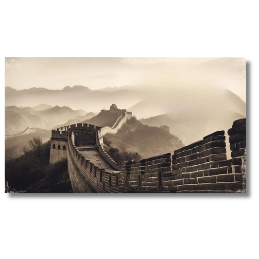 Landschap van de Chinese Muur met glooiende heuvels in sepiatint – Canvas wanddecoratie