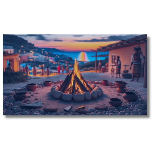 Kampvuur aan zee bij zonsondergang met mensen die samenkomen - Canvas Wall Art