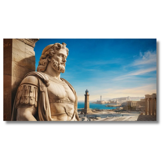 Marmeren standbeeld met uitzicht op kuststad met blauwe lucht - Canvas wandkunst