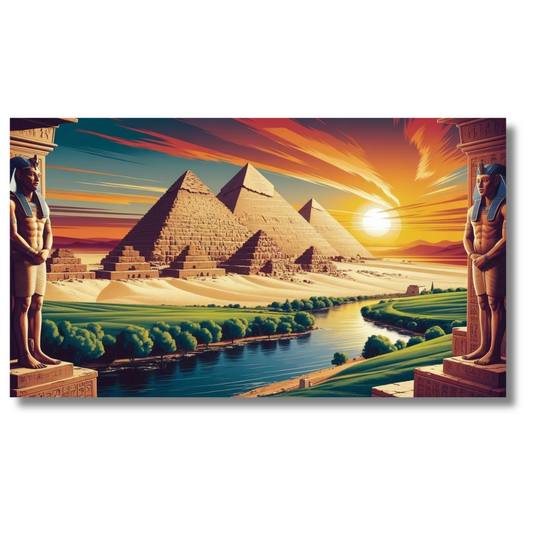 Piramidelandschap met zonsondergang en rivierzicht - Canvas wandkunst
