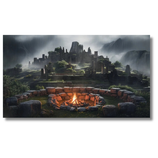 Oude stenen ruïnes met kampvuur in mistige bergen - Canvas wandkunst