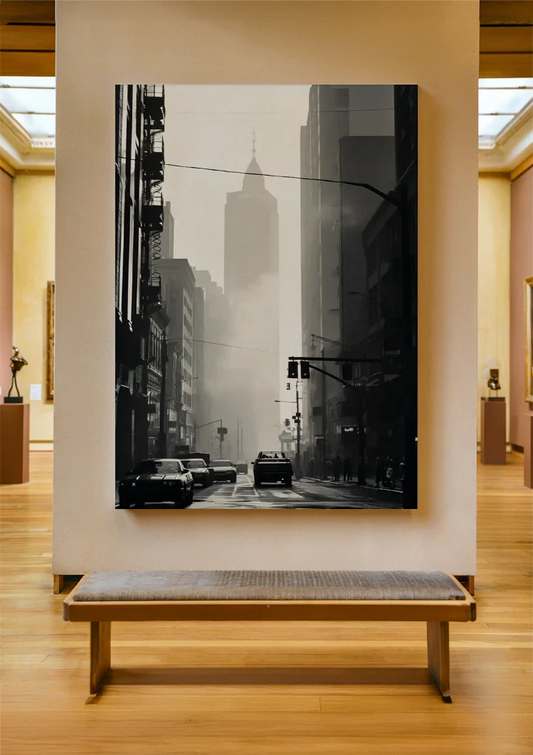 Mistig stadsgezicht met hoge toren canvas schilderij aan de muur in de hal