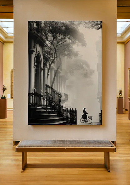 Woman on Bicycle at Church Atmospheric Black and White Painting
