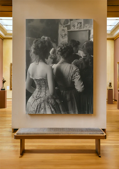 Victorian Ladies in a Row Vintage Black and White Painting