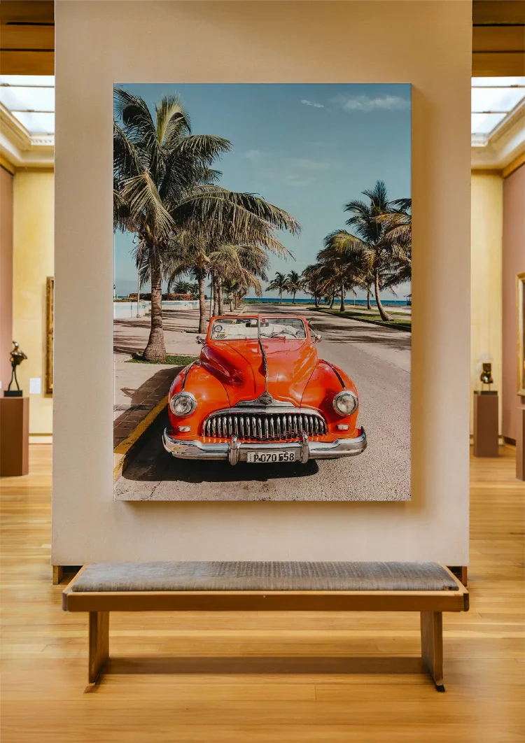 Rotes Vintage Cabrio bei Palmen Tropisches Sommergemälde