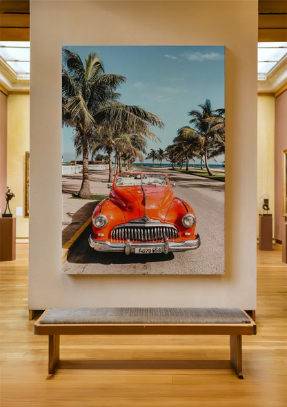 Rotes Vintage Cabrio bei Palmen Tropisches Sommergemälde