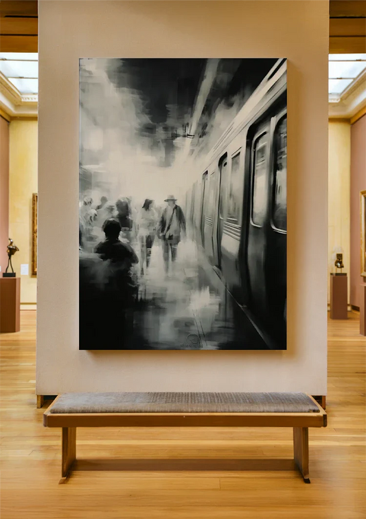 Mistig metrostation met reizigers canvas schilderij aan de muur in de hal