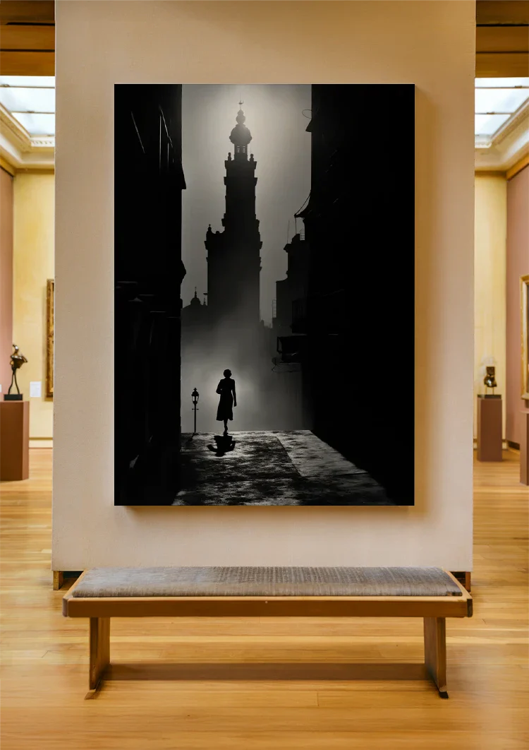 Silhouette in Gotischer Gasse am Kirchturm Schwarz Weiß Gemälde