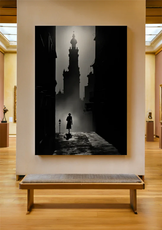 Silhouet bij de kerktoren canvas schilderij aan de muur in de hal