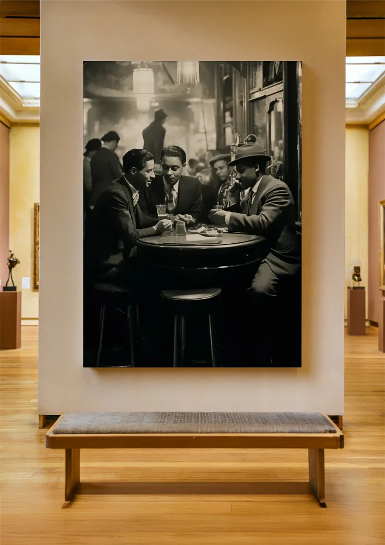 Men at Bar Table in Vintage Pub Black and White Painting