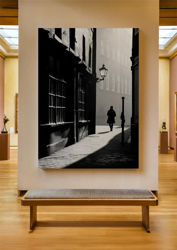 Lonely Man in Misty Street Black and White Vintage Painting