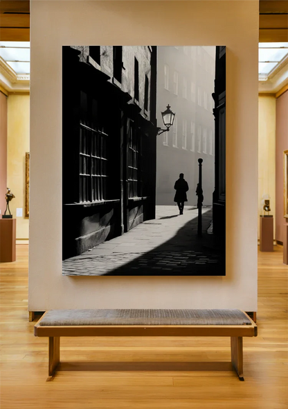 Lonely Man in Misty Street Black and White Vintage Painting