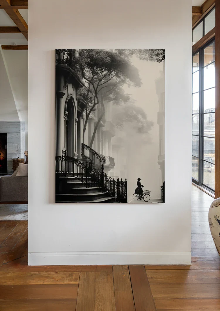 Woman on Bicycle at Church Atmospheric Black and White Painting