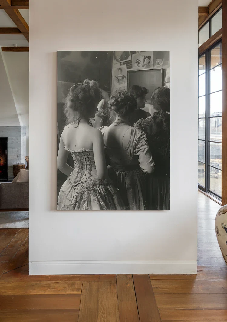 Vintage Ladies in a Row Black and White Elegant Retro Painting