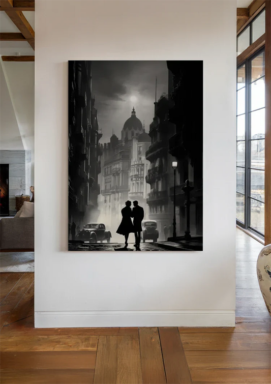 Silhouet van het stel canvas schilderij aan de muur in de hal