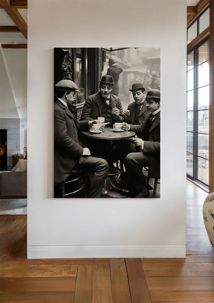 Herren am Café-Tisch Vintage Schwarz-Weiß-Gemälde