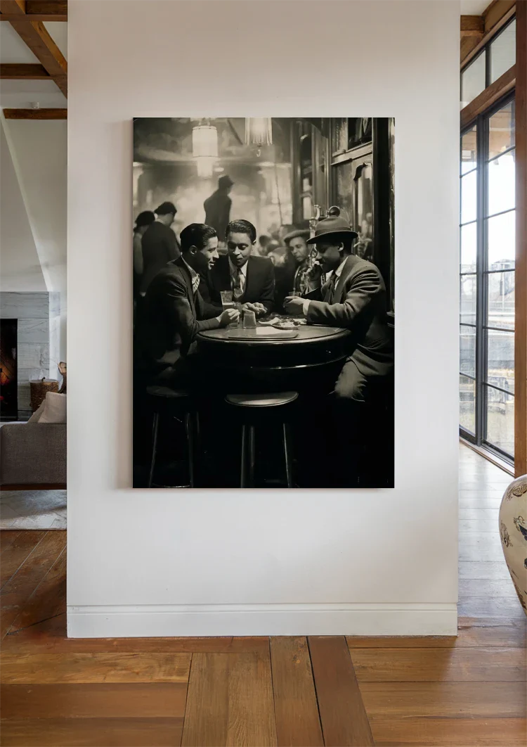 Men at Bar Table in Vintage Pub Black and White Painting