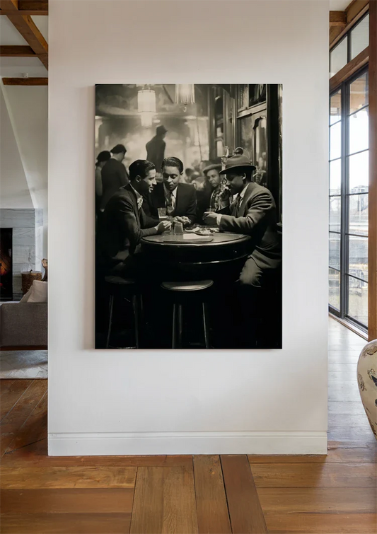 Mannen aan de bartafel canvas schilderij aan de muur in de hal