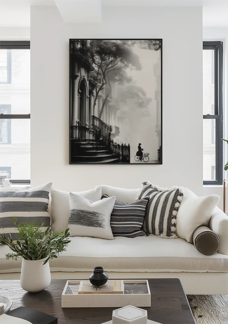 Woman on Bicycle at Church Atmospheric Black and White Painting