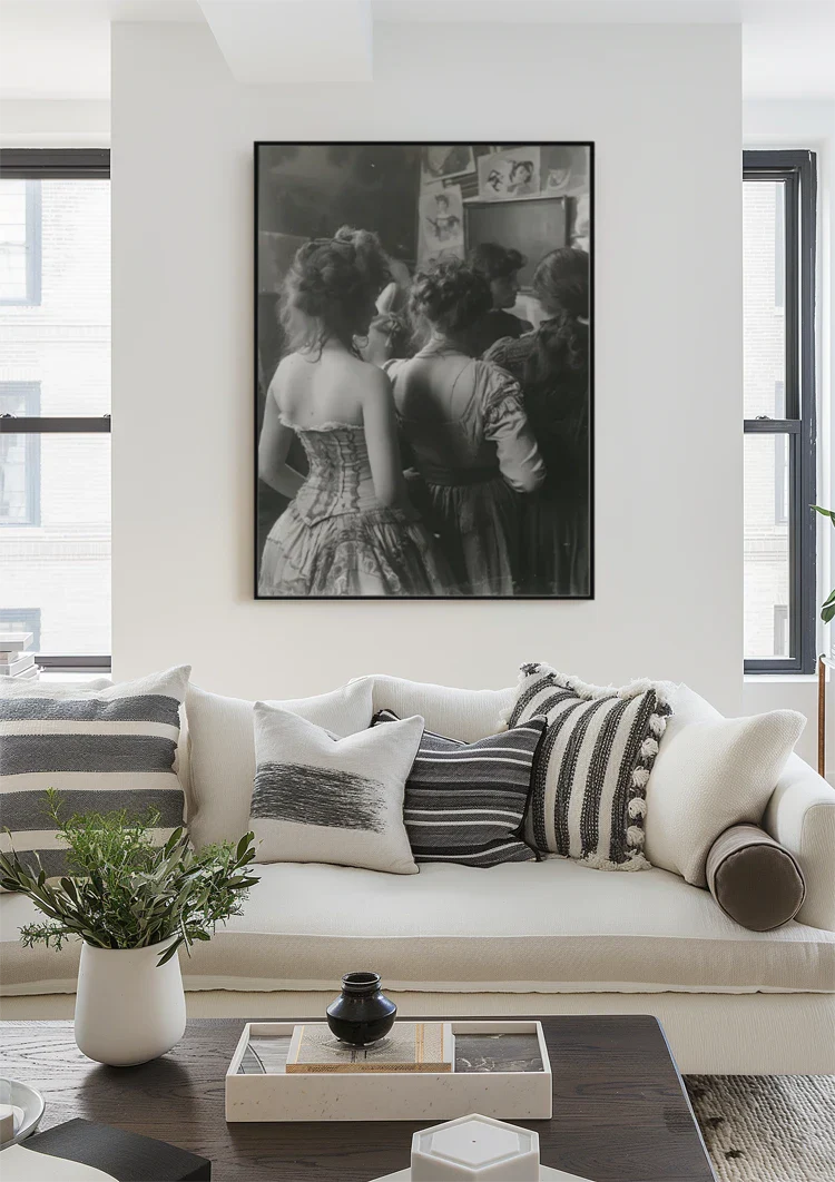 Vintage Ladies in a Row Black and White Elegant Retro Painting