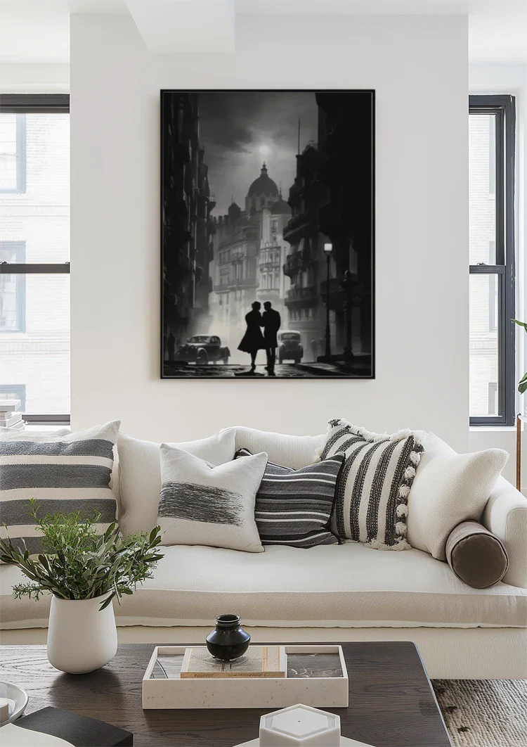 Silhouette von Paar in nebliger Stadt bei Nacht Schwarz-Weiß-Gemälde