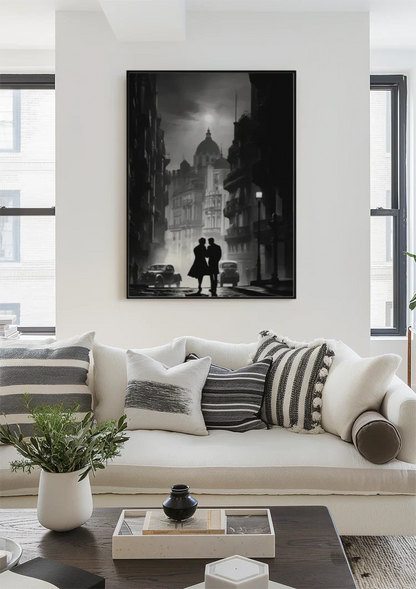 Silhouette von Paar in nebliger Stadt bei Nacht Schwarz-Weiß-Gemälde