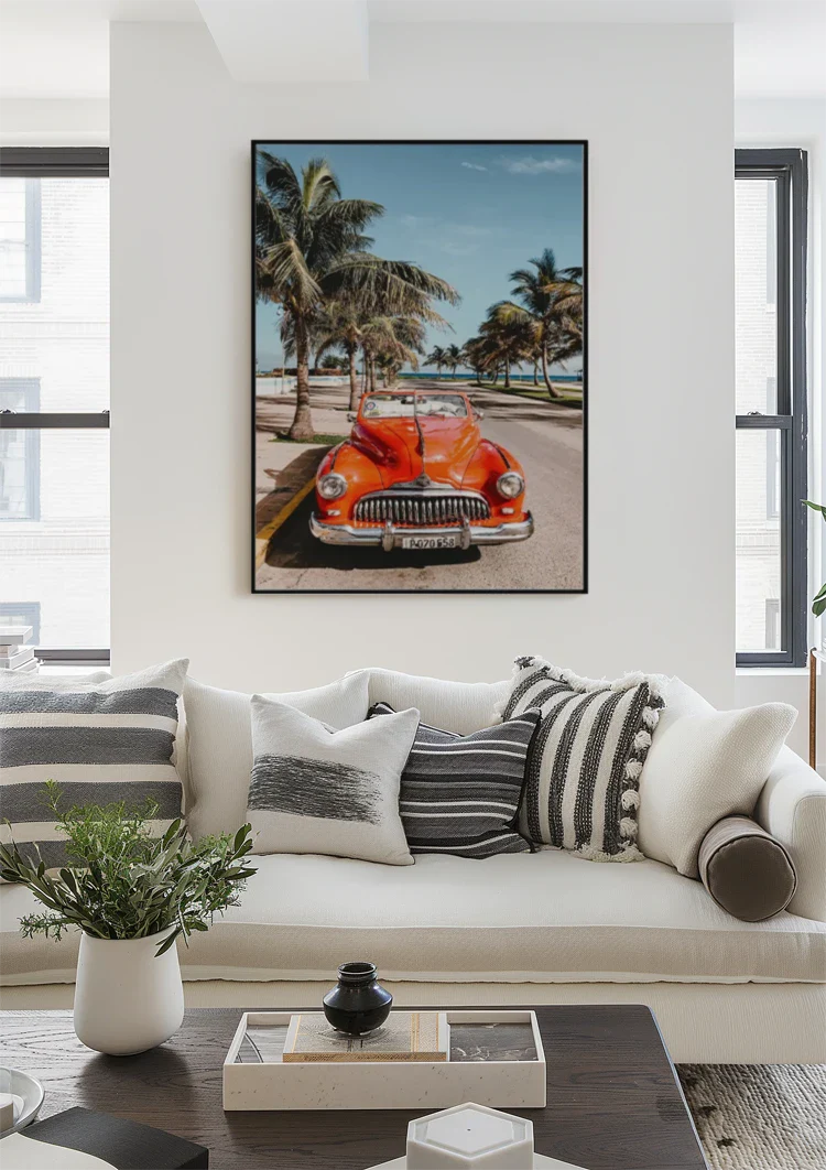Rotes Vintage Cabrio bei Palmen Tropisches Sommergemälde