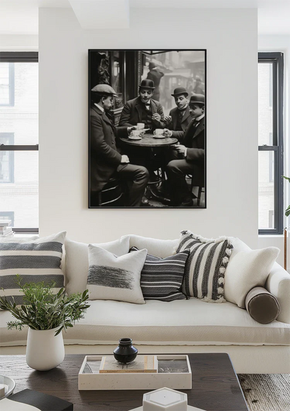 Gentlemen at the Table in Café Vintage Black and White Painting
