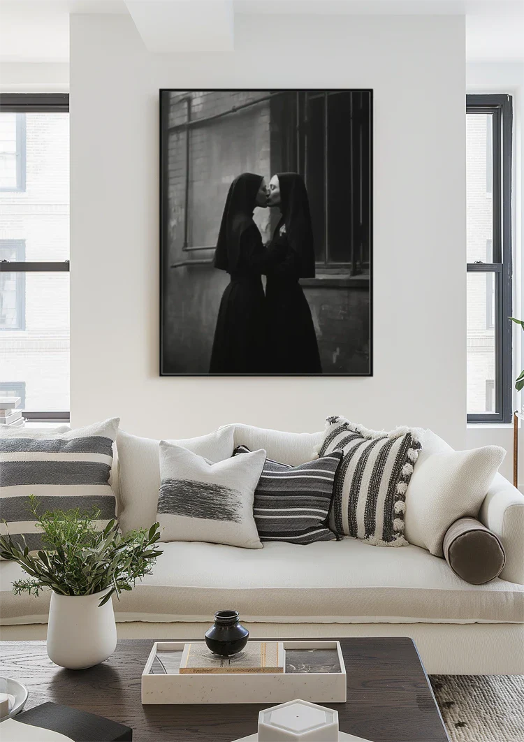 Zwei Nonnen küssend Schwarz-Weiß-Kunstfotografie Gemälde