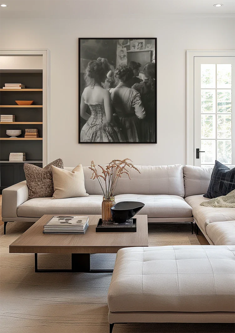 Victorian Ladies in a Row Vintage Black and White Painting