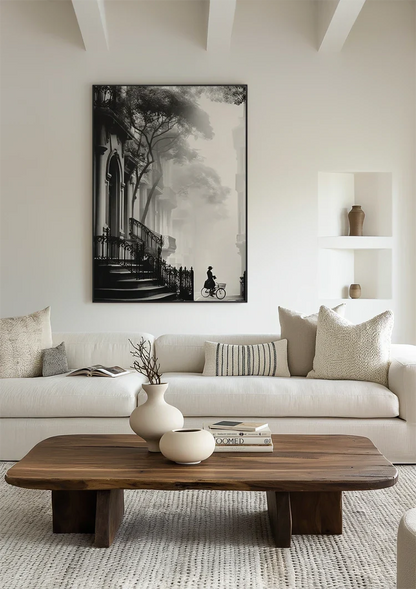 Woman on Bicycle by Church Black and White Misty Street Scene Painting