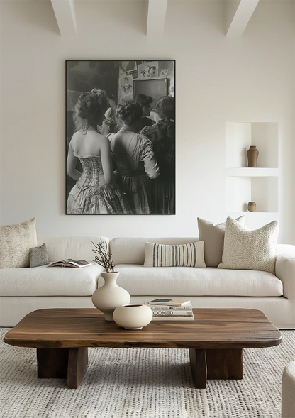 Victorian Ladies in a Row Vintage Black and White Painting