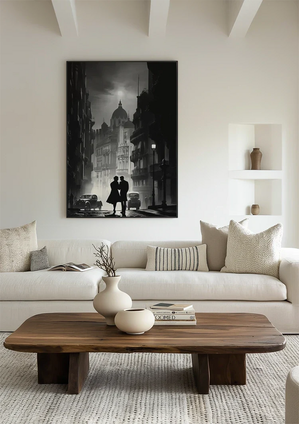 Romantic Couple in Night City Black and White Painting