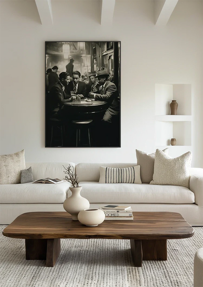 Men at Bar Table in Vintage Pub Black and White Painting