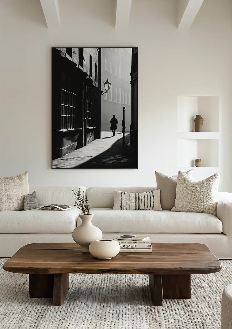 Lonely Man in Misty Street Black and White Vintage Painting