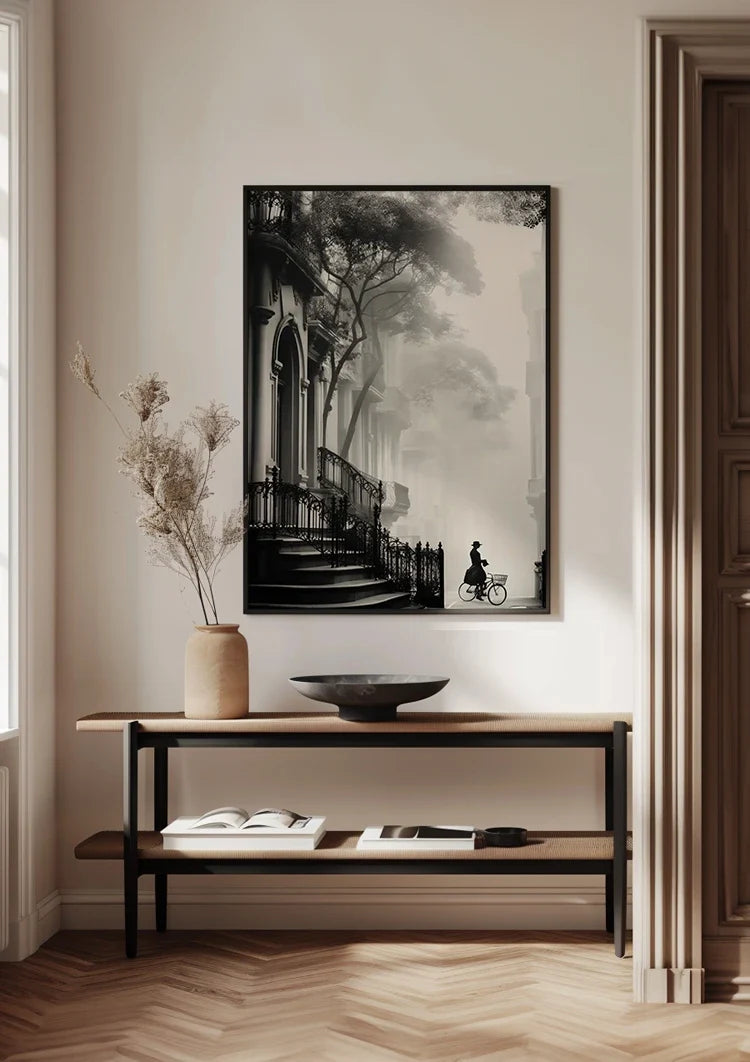 Woman on Bicycle by Church Black and White Misty Street Scene Painting