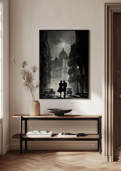 Romantic Couple in Night City Black and White Painting