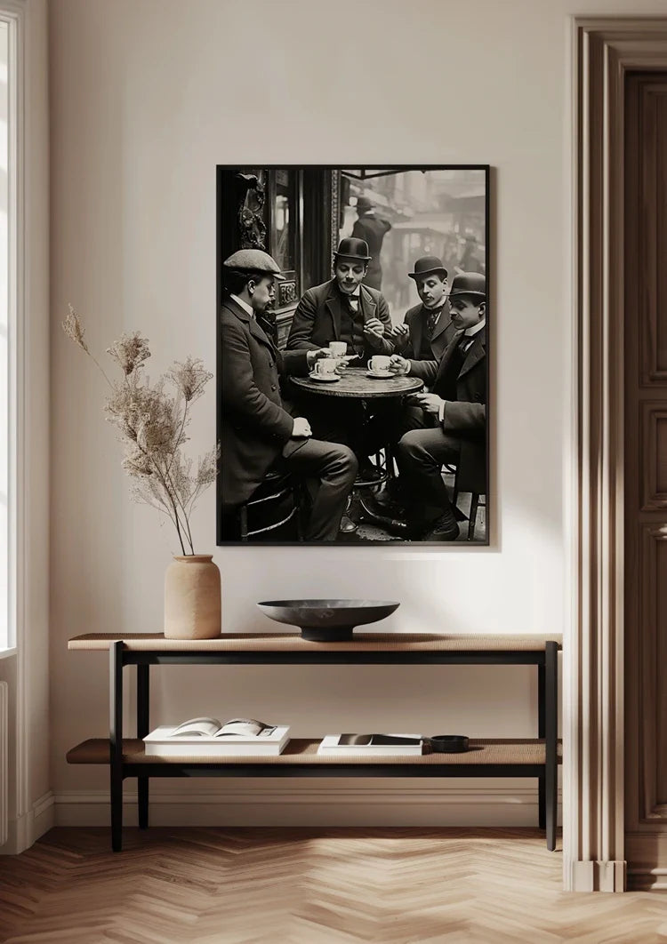 Gentlemen at the Table in Café Vintage Black and White Painting