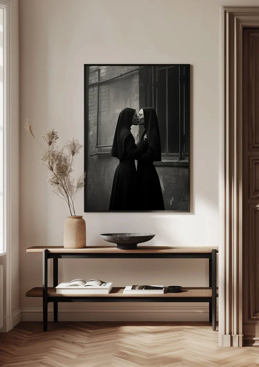 Two Nuns Kissing Black White Art Photography Painting