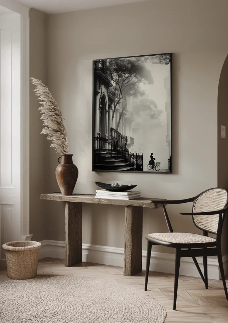 Woman on Bicycle at Church Atmospheric Black and White Painting