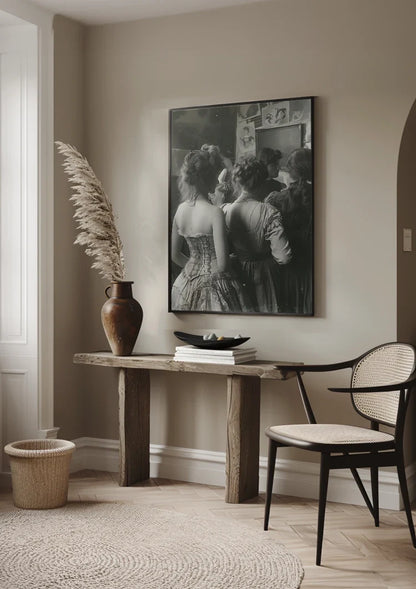 Vintage Ladies in a Row Black and White Elegant Retro Painting