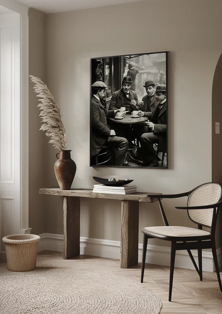 Gentlemen at the Table in Café Vintage Black and White Painting