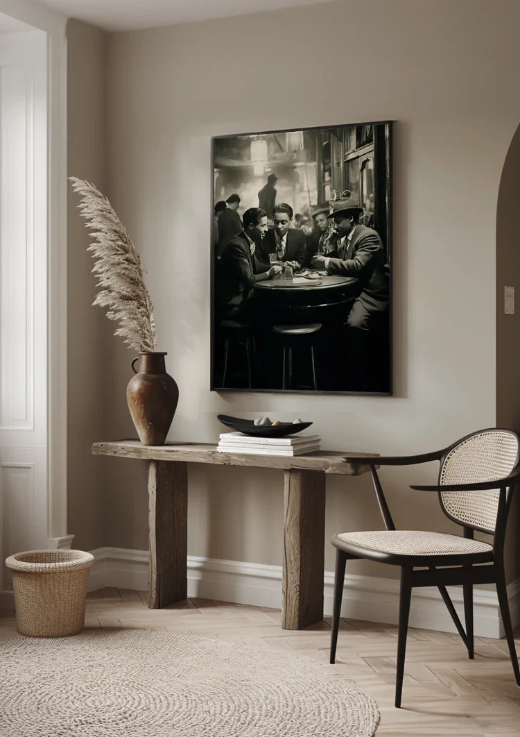 Men at Bar Table in Vintage Pub Black and White Painting