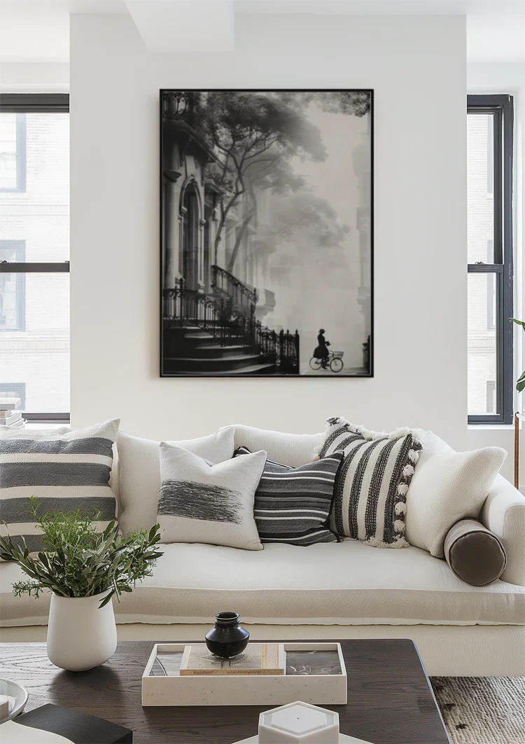 Woman on Bicycle by Church Black and White Misty Street Scene Painting