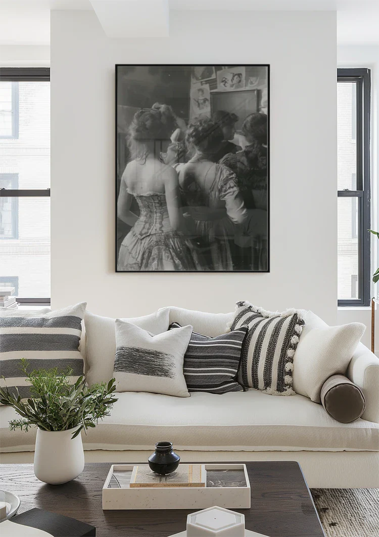 Victorian Ladies in a Row Vintage Black and White Painting