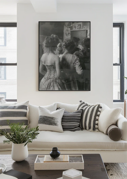 Victorian Ladies in a Row Vintage Black and White Painting