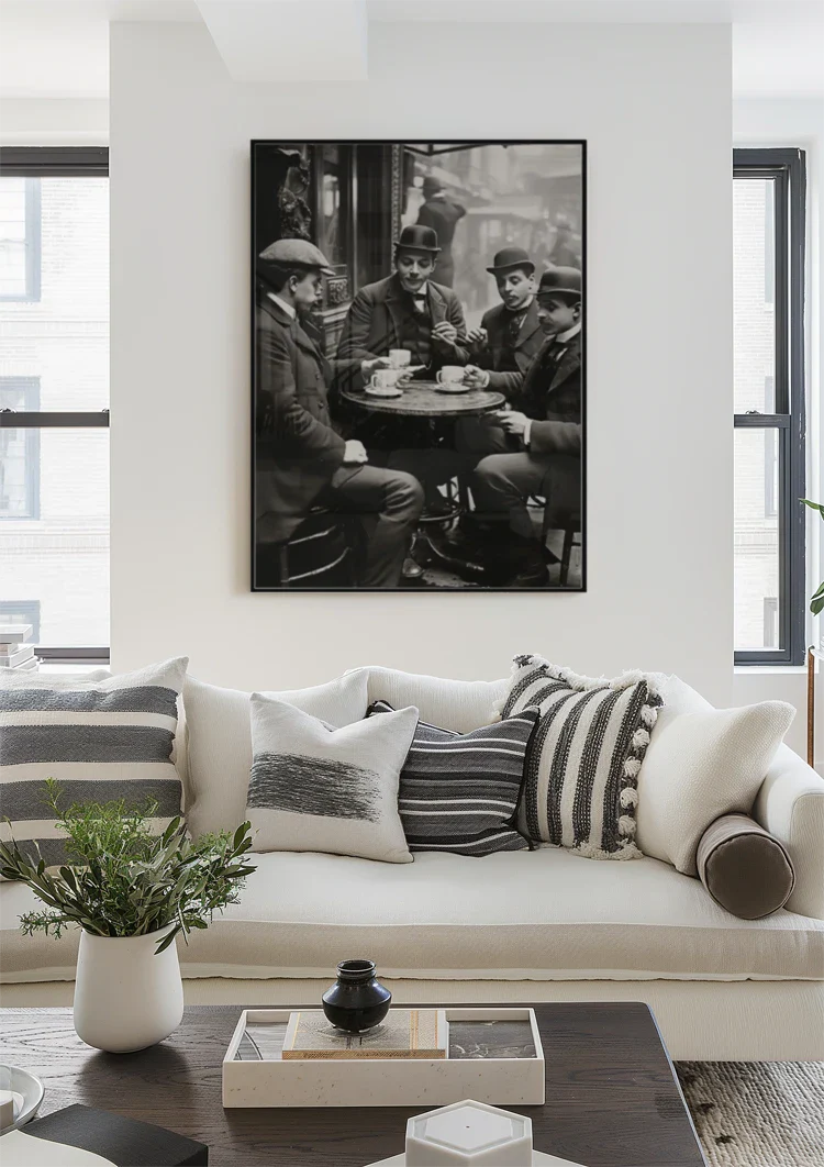 Gentlemen at the Table in Café Vintage Black and White Painting