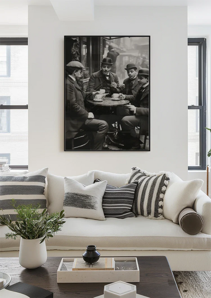 Gentlemen at the Table in Café Vintage Black and White Painting